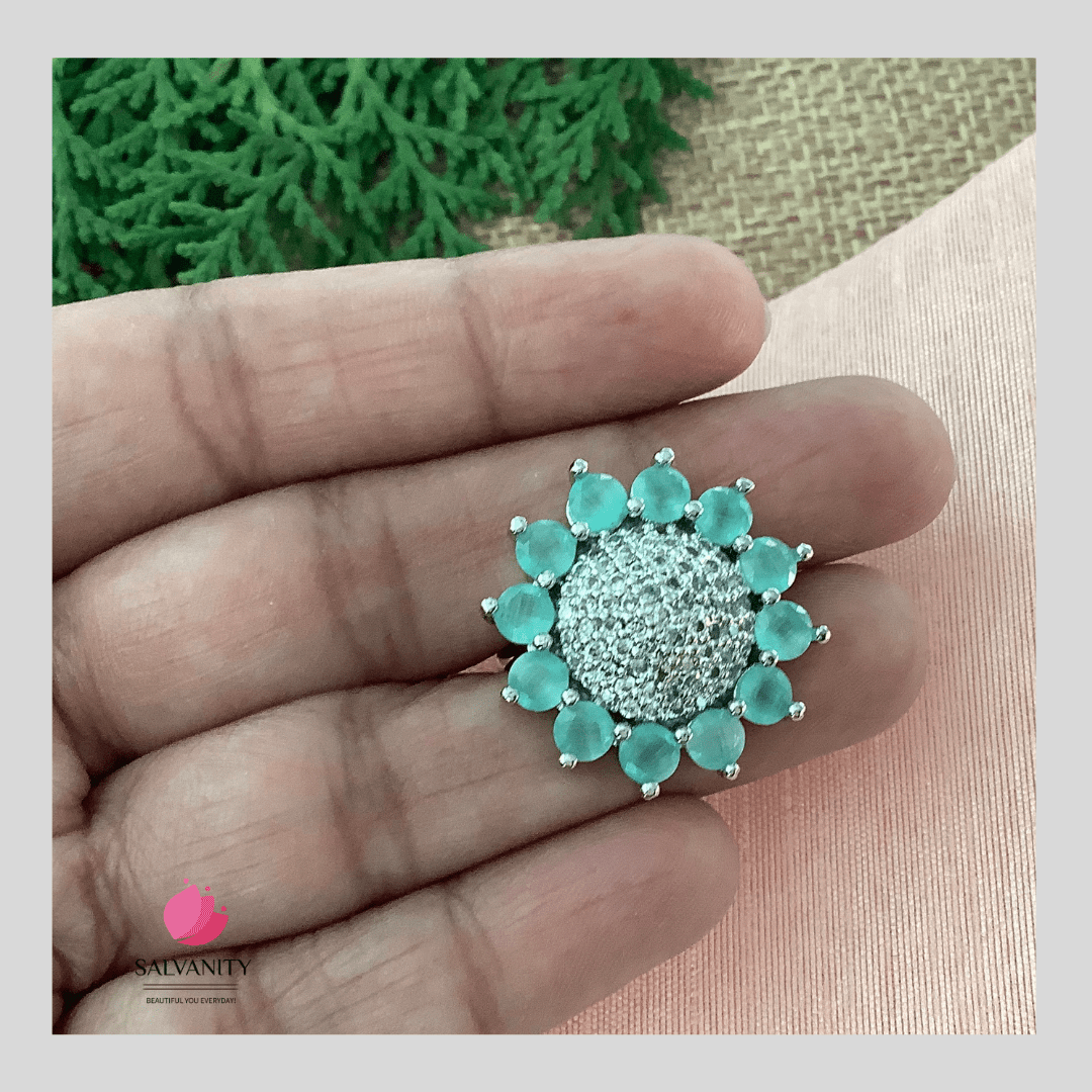 #Artificial_Jewellery# - #Salvanity_Salvan Overseas# - Salvanity American Diamond Aqua Marine Green Sunflower Ring