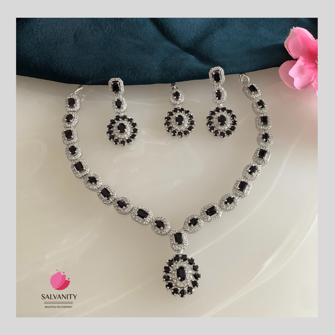 #Artificial_Jewellery# - #Salvanity_Salvan Overseas# - Necklace - Salvanity American Diamond Ovals & Cubes Necklace Combo