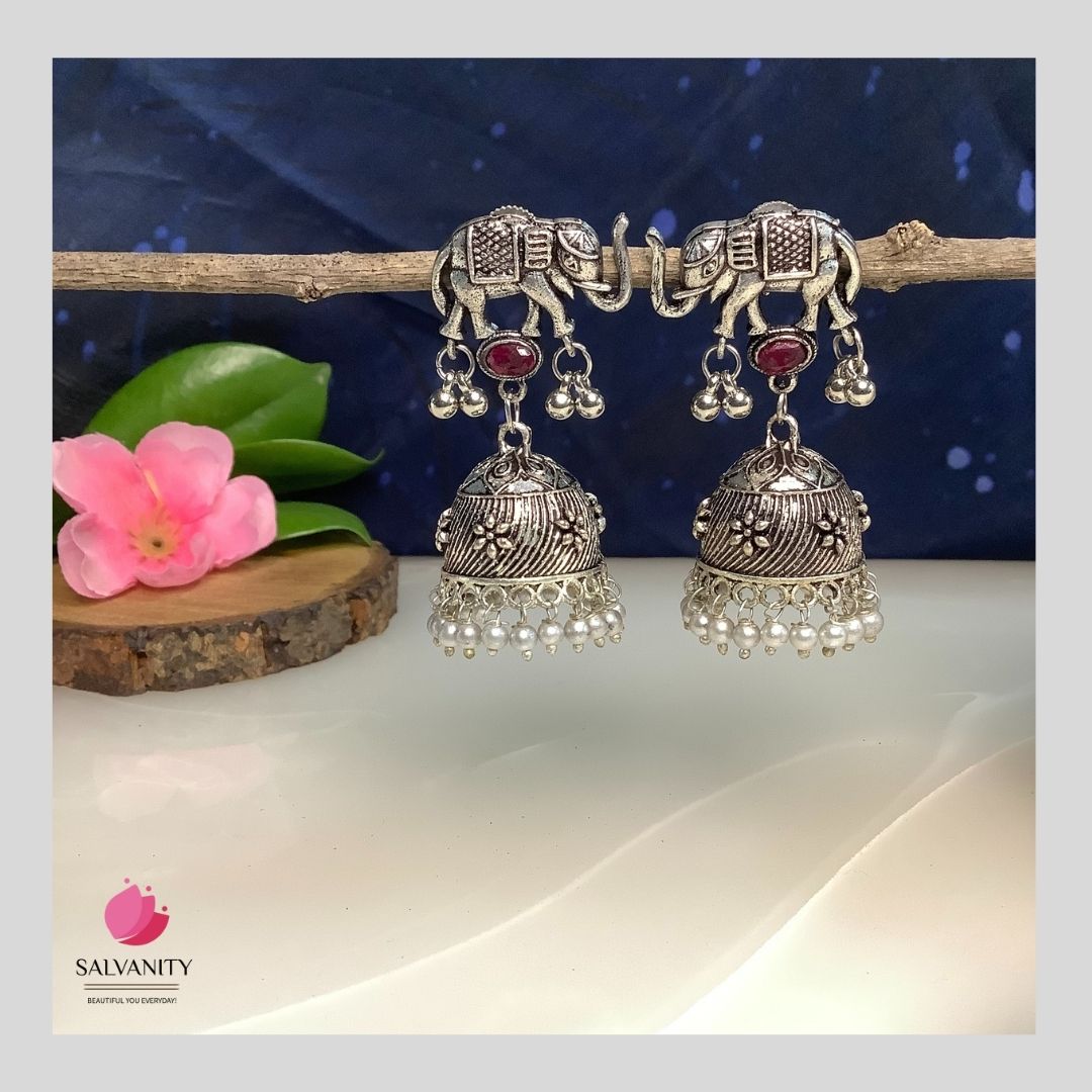 #Artificial_Jewellery# - #Salvanity_Salvan Overseas# - Danglers - Salvanity German Silver Royal Elephant Flower Jhumkis