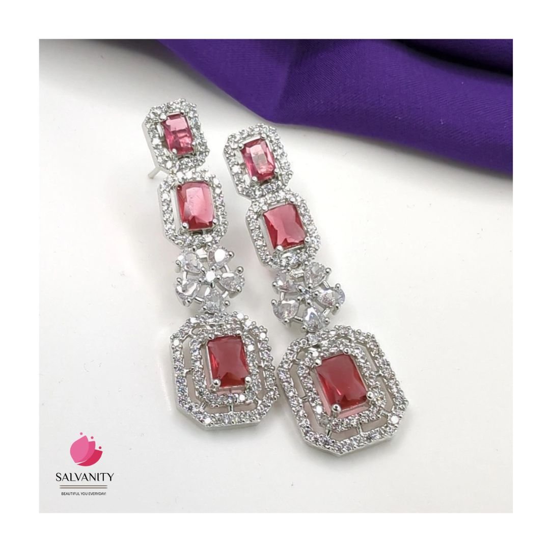 #Artificial_Jewellery# - #Salvanity_Salvan Overseas# - American Diamond Silver Queen's Ruby Red Diamond Danglers