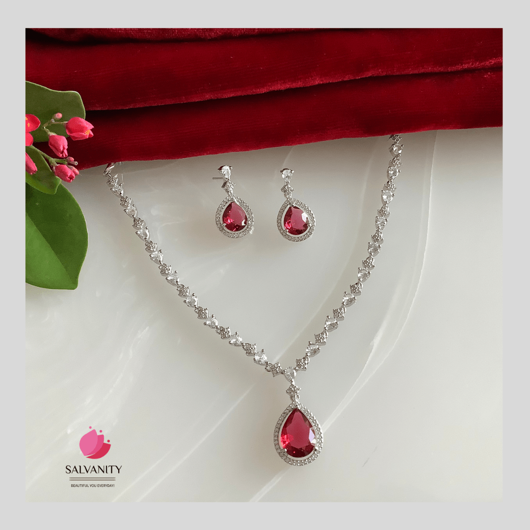 #Artificial_Jewellery# - #Salvanity_Salvan Overseas# - Necklace - Salvanity American Diamond Sleek Ruby Necklace set