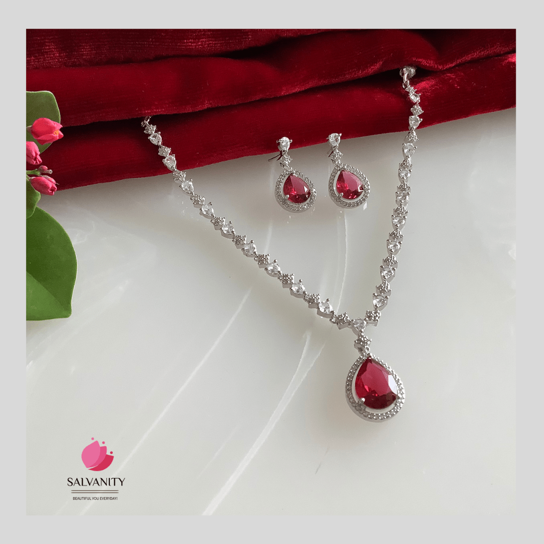 #Artificial_Jewellery# - #Salvanity_Salvan Overseas# - Necklace - Salvanity American Diamond Sleek Ruby Necklace set