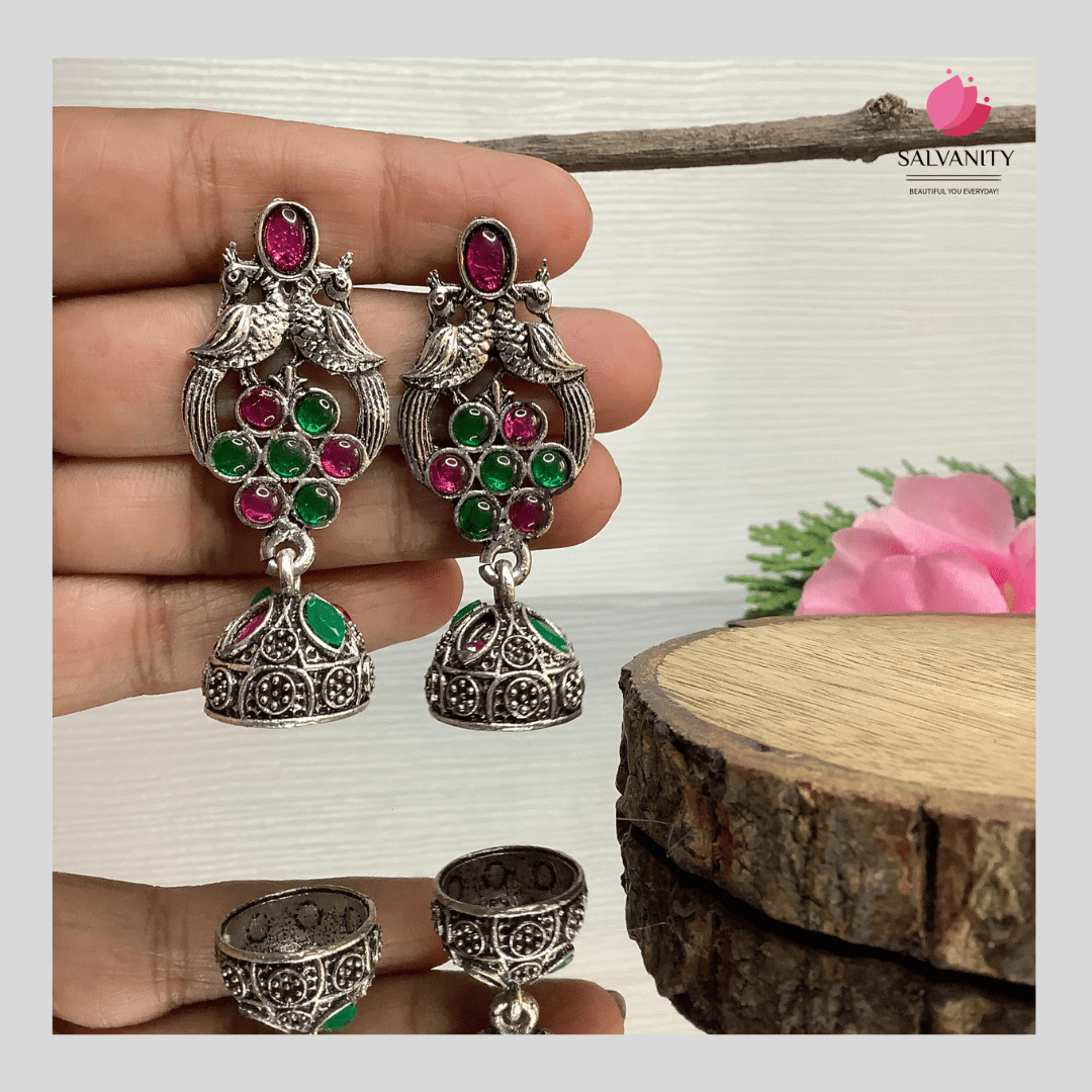 #Artificial_Jewellery# - #Salvanity_Salvan Overseas# - Danglers - Salvanity German Silver Double Bird Jhumki Small