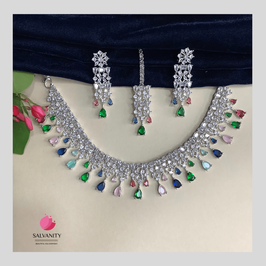 #Artificial_Jewellery# - #Salvanity_Salvan Overseas# - Necklace - Salvanity American Diamond Dew Drops Necklace Combo