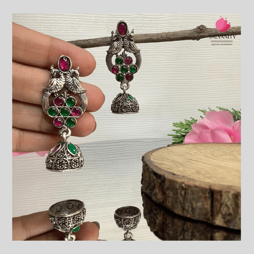 #Artificial_Jewellery# - #Salvanity_Salvan Overseas# - Danglers - Salvanity German Silver Double Bird Jhumki Small