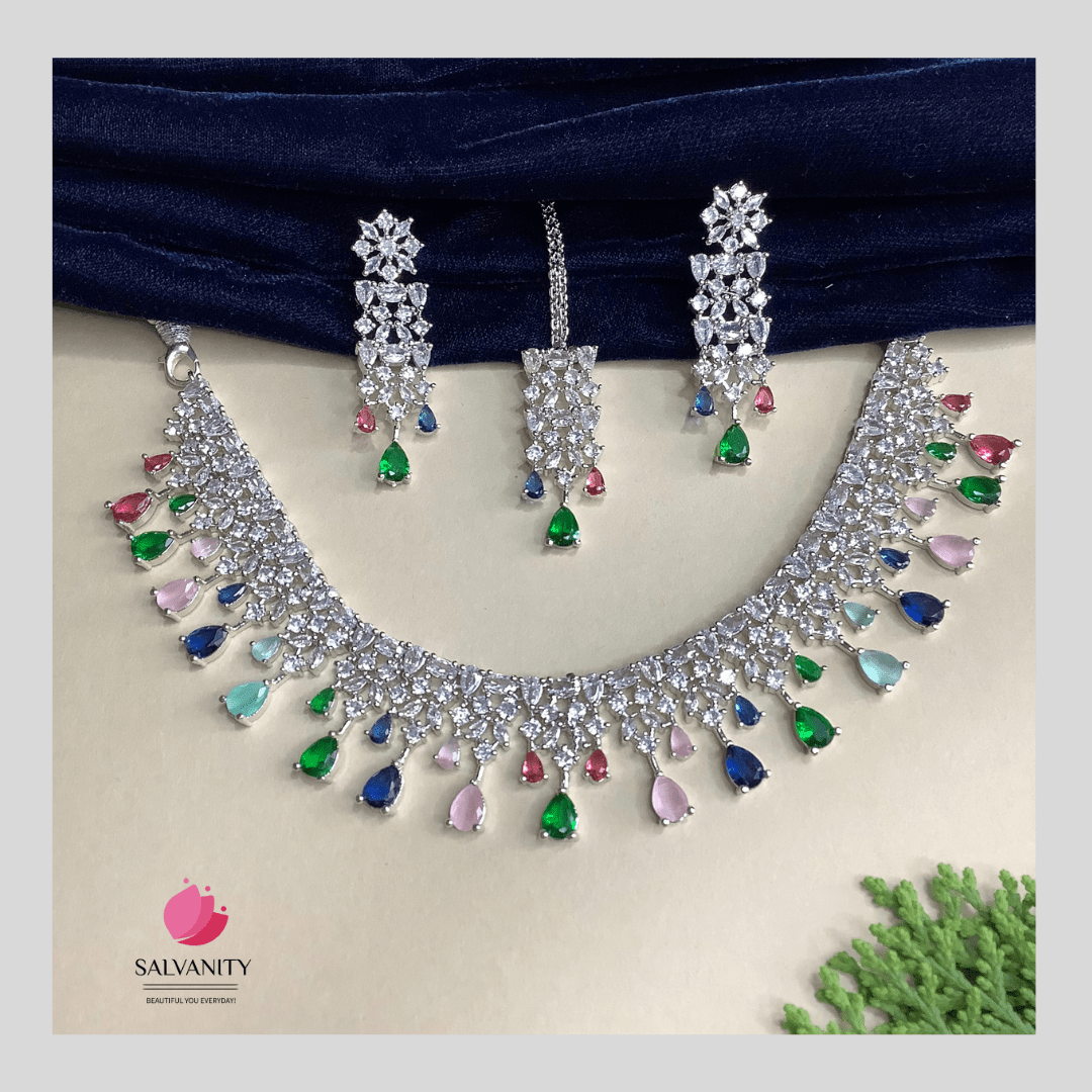 #Artificial_Jewellery# - #Salvanity_Salvan Overseas# - Necklace - Salvanity American Diamond Dew Drops Necklace Combo