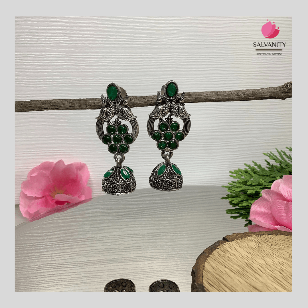 #Artificial_Jewellery# - #Salvanity_Salvan Overseas# - Danglers - Salvanity German Silver Double Bird Jhumki Small